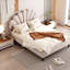 Lit plateforme tapissier beige avec tête de lit en velours à motif floral exquis - structure en bois stable, expérience de sommeil confortable-2088615876-2088615867