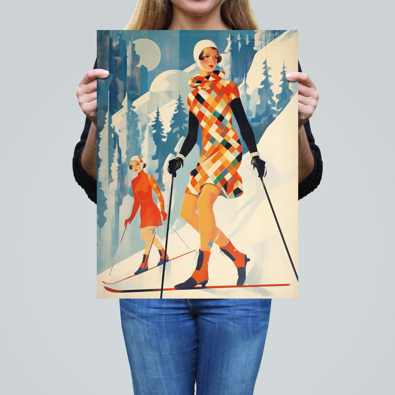 Wall Art Print Klosters Chic Fashion Skier Women Going Down Slopes Blue Bright Retro Oil Painting Poster