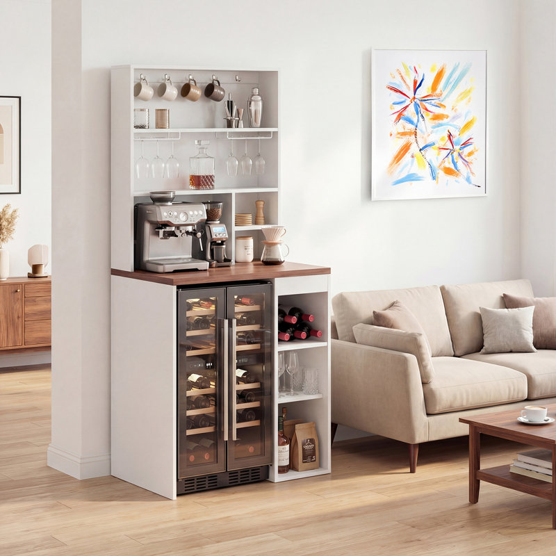Mini Fridge Cabinet with Wine Glass Rack, Bar Cabinet with Adjustable Shelf and Drawer for Kitchen, Living Room, White