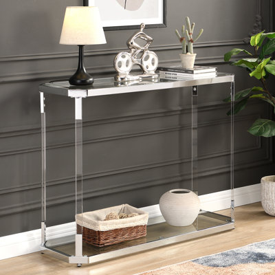 Modern Chrome And Acrylic Console Table With Glass Top And Storage Space