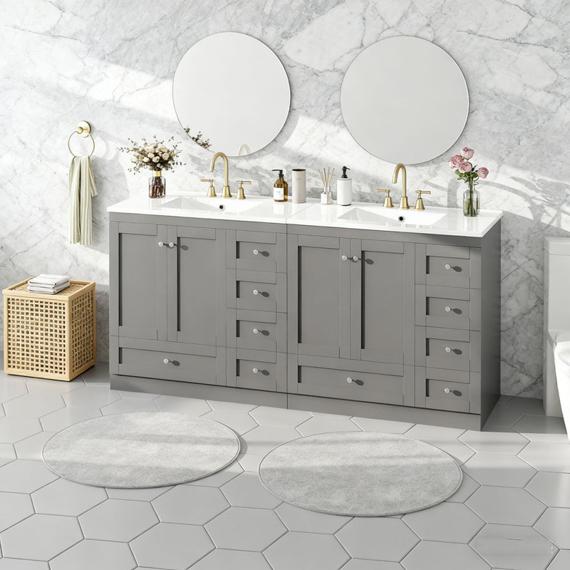 Meuble-lavabo sur pied 72 po avec lavabo en céramique, Gris