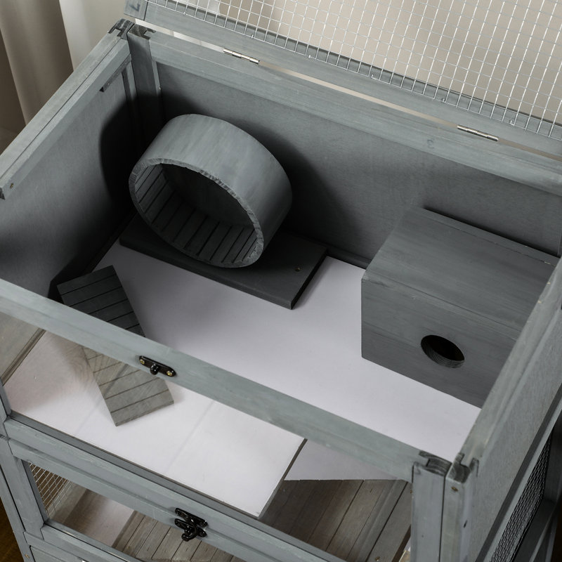 Cage à hamster en bois gris avec rangement et bascule, 35,5 po de hauteur, pour 2 roulettes de hamster