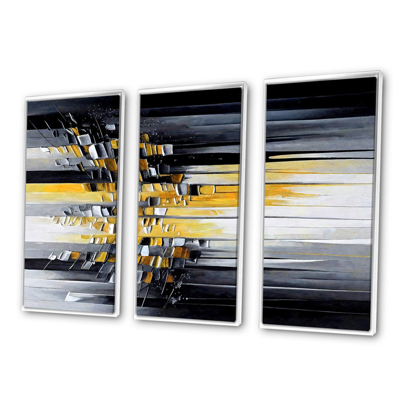 Abstrait géométrique noir et jaune III - 3 pièces sur toile, L 36 po x H 28 po, Cadre blanc