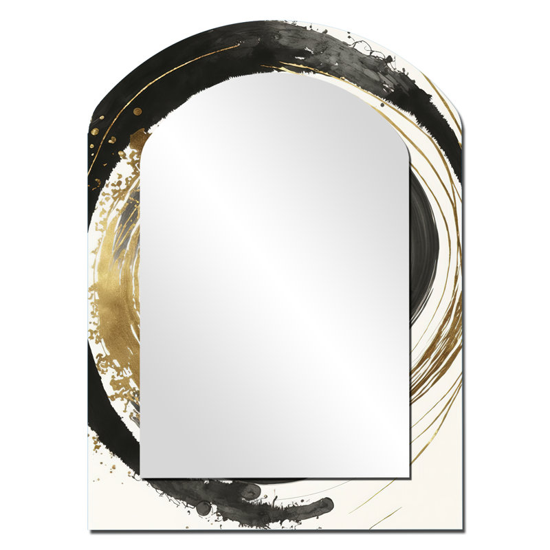 Black And Gold Curves IV - Abstract Spirals Irregular Shape Unique Mirror, Black Asymmetrical Large Wall Mirror, Printed Metal Art
