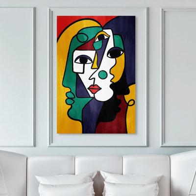"Three Parts Face", Cubist Woman Face Modern White Canvas Wall Art Print For Bedroom