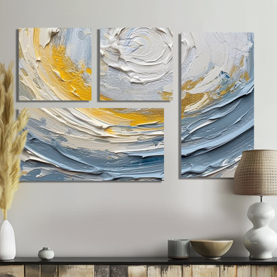 «Gold and Blue Vibrant Spirals III», art mural sur toile doré 4 pièces