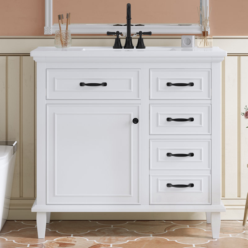 Meuble-lavabo de salle de bain avec lavabo, tiroirs rabattables et tablette réglable, Blanc