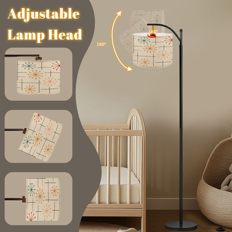  Arc Floor Lamp 50s Mid Century Modern Vintage Retro 1950s Mod Tall Modern Standing Lamp LED Adjustable Linen Lampshade 3 Color Temperatures