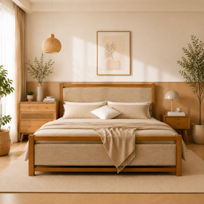 King Size Upholstered Platform Bed,Linen Mink