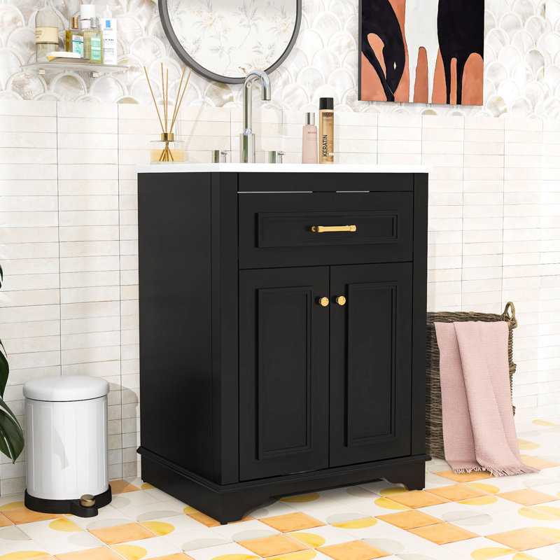 Meuble-lavabo minimaliste avec lavabo en céramique, portes à fermeture douce et tablette réglable, Noir