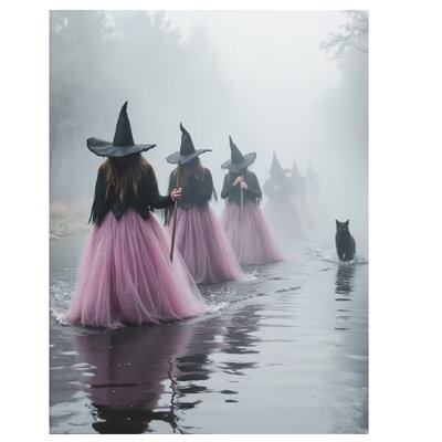 2D Flat Halloween Witch Canvas Wall Art, Witches in Pink Tulle Skirts Wading.