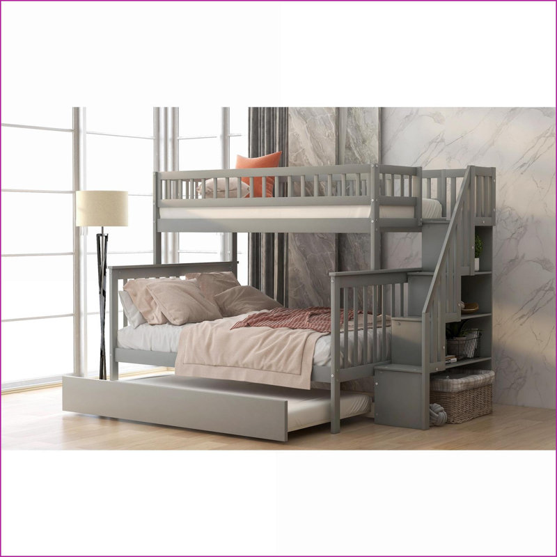 Lit superposé simple au-dessus d'un lit double en pin massif avec escalier gris sans sommier