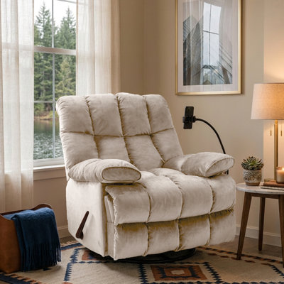 39.37" Wide Manual Swivel Rocker Recliner Chair, Beige Velvet Upholstered Glider Recliner with Padded Armrests, Built-in Phone Holder & Sturdy Metal Frame for Living Room & Bedroom