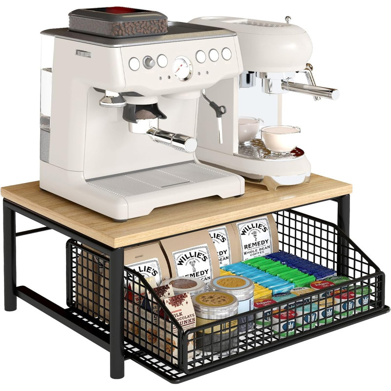 Porte-tiroir à dosettes de café, support de rangement pour machine à café, organisateur de comptoir de bar à café pour la cuisine avec tiroir et panier en fil métallique - Tablette en bois franc robuste pour cafetière - Design peu encombrant - noir