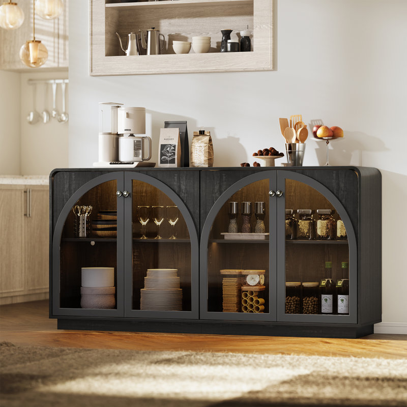 68" Sideboard Buffet Cabinet With 4 Arched Glass Doors Storage, for Kitchen Dining room, Liquor Coffee Bar Cabinet W/LED Light, Black
