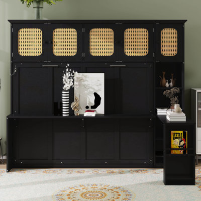 Lit escamotable horizontal avec bureau, cadre de lit mural en bois avec armoires en rotin pour chambre à coucher, petit espace
