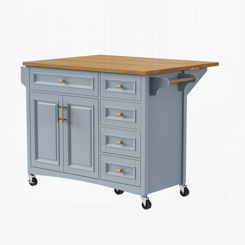 52'' Kitchen Island With Drop Leaf, Embossed Texture Kitchen Island On Wheels With Spice Rack, Towel Rack, 2 Doors And 5 Drawers