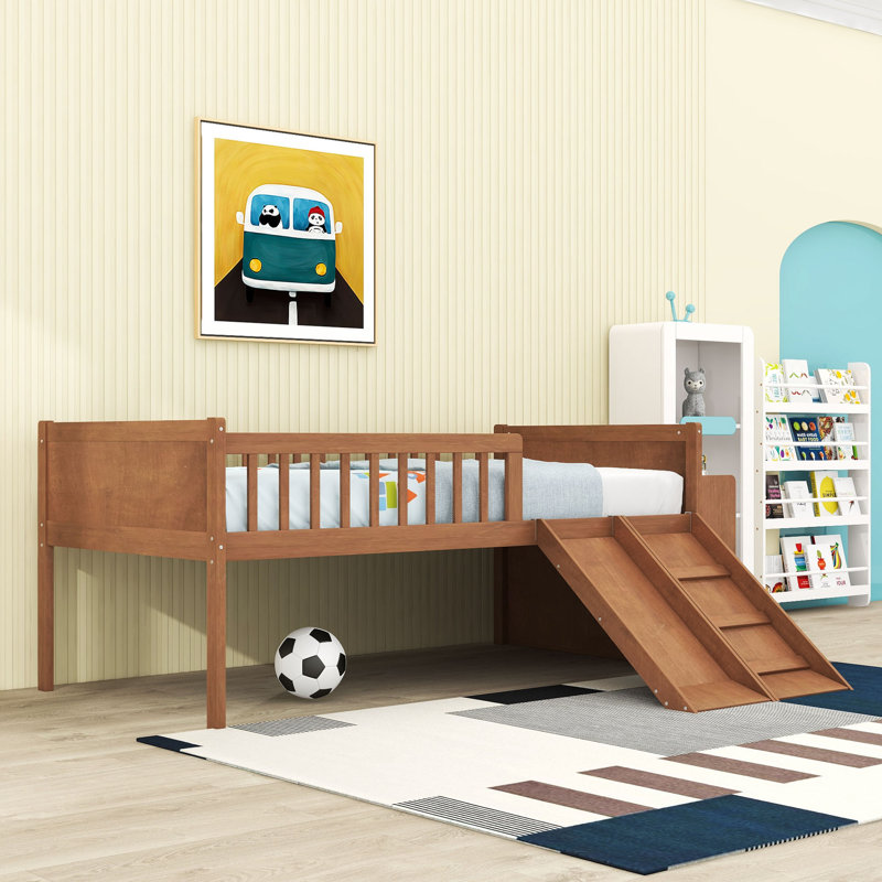 Twin Wood Loft Bed with Slide and Shelves, Light Walnut