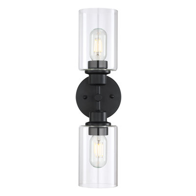 2-Light Matte Black Wall Sconce, Modern Bathroom Vanity Light Fixture with Clear Glass, Perfect for Bathrooms, Living Rooms, Hallways, Bedrooms | Glass Shade 4" Dia. x 17.25" H