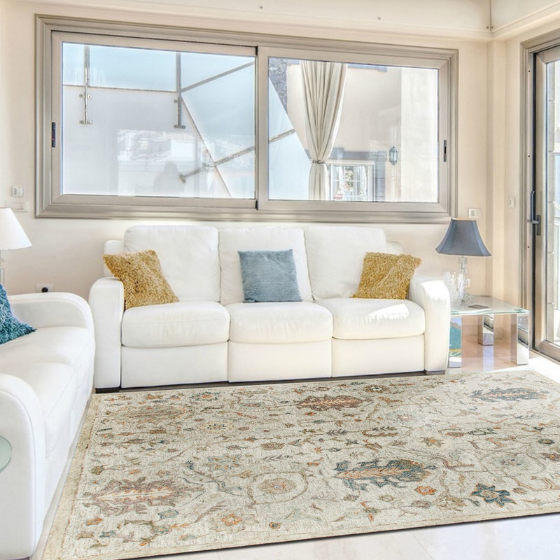 Tapis crème / bleu en laine fabriqué à la main à motif floral traditionnel, Rectangle de 10 pi x 14 pi