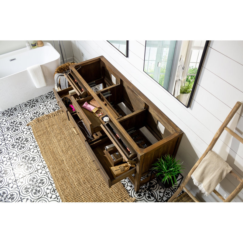 Meuble-lavabo à double cuve en bois de teck Porcher l 60 po x P 22 po x H 36 po Porcher, Empira, Gris vieilli