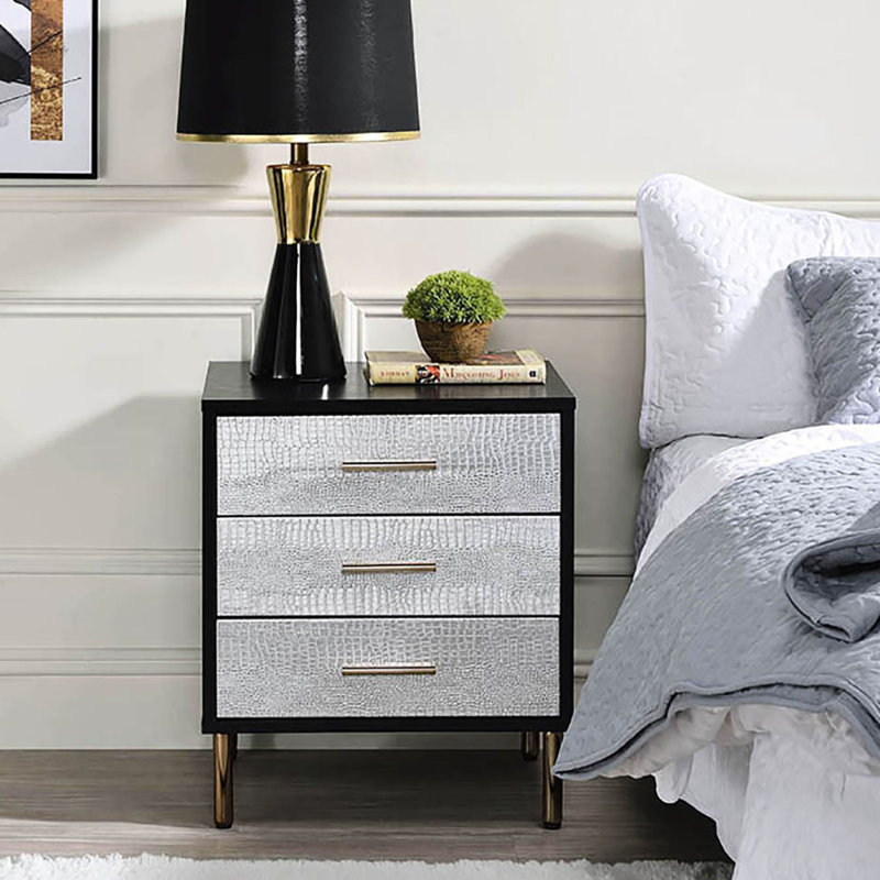Glamour 3 table de chevet en noir, argent, or - solution de rangement de chevet argent et avec amplement de tiroirs chambre à coucher
