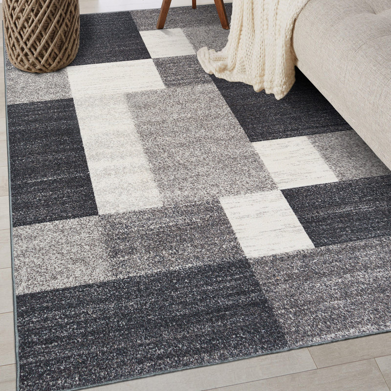 Tapis gris, noir et blanc touffeté à motif géométrique Akieba, Rectangle 3 pi 3 po x 5 pi