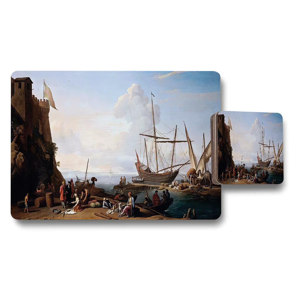 Harbor Scene Placemat Coaster Set With Nautical Maritime Artwork