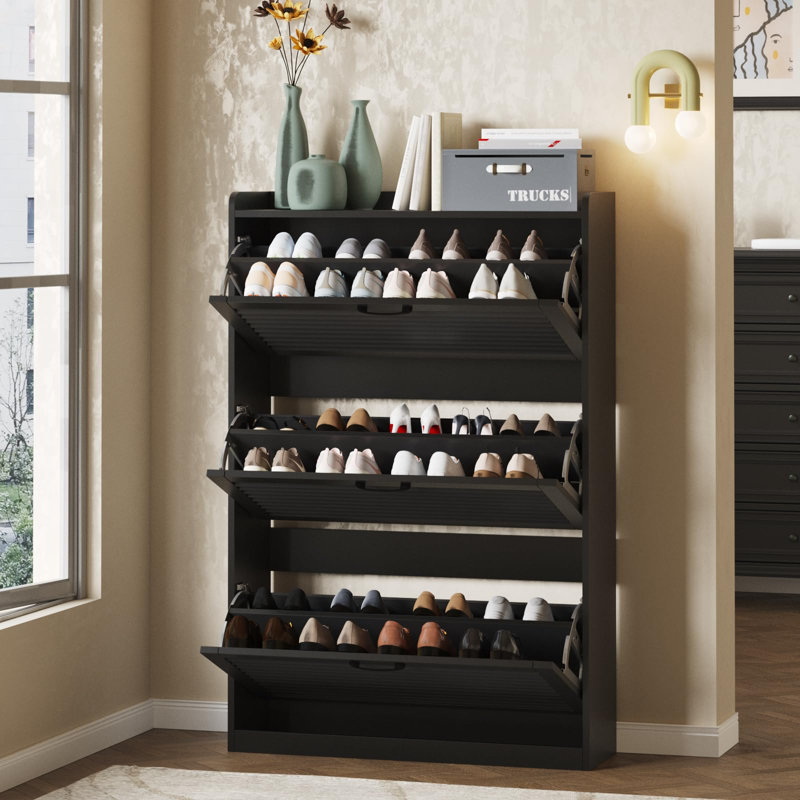 Armoire de rangement pour chaussures avec 3 portes à persiennes rabattables, organisateur avec charnières en métal, armoire à chaussures pour vestibule