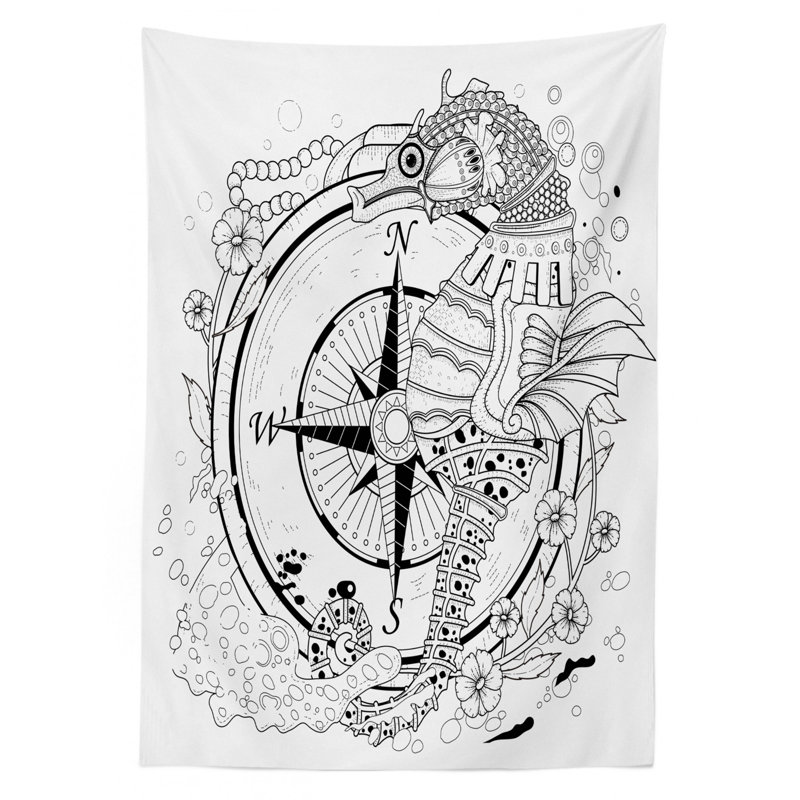 Ambesonne Compass Tablecloth, Giant Seashore All Over Compass In Exquisite Ornate Detailed Motifs Ocean Animal, Rectangular Table Cover For Dining Room Kitchen Decor, 52" X 70", Black White