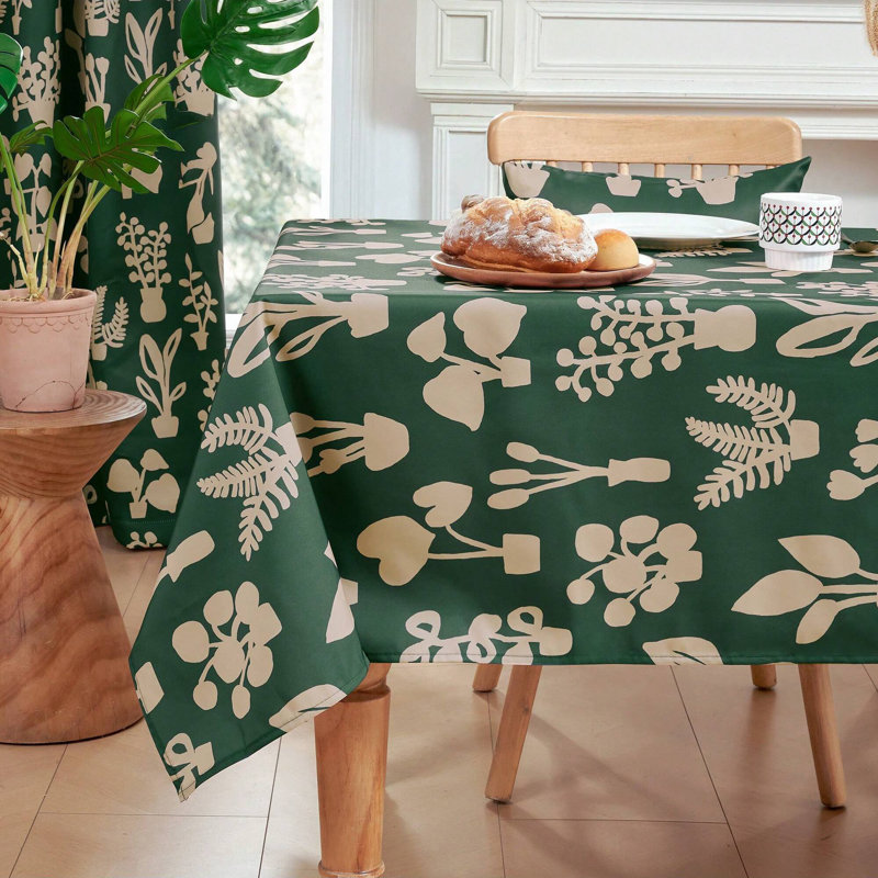 Foliage Flower Patterned Tablecloth, 1 PCS, Dark Green, 54" x 72"