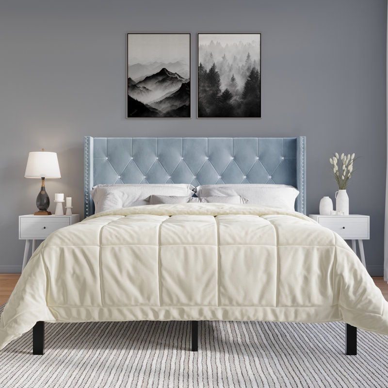 Eymi Velvet Upholstered Bed with 2 Nightstands, Light Blue, Queen