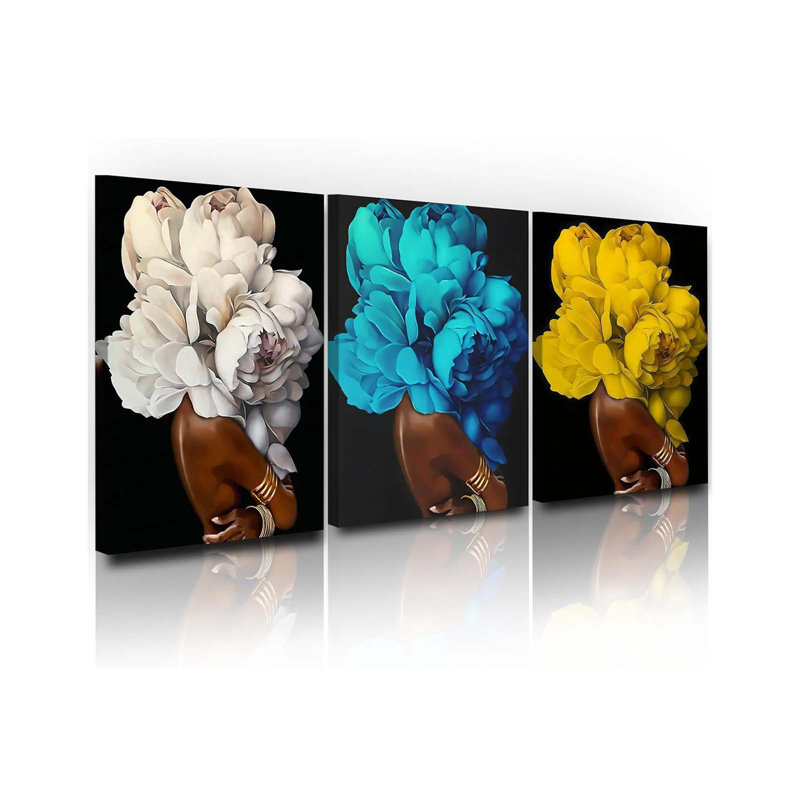 3 Piece Wrapped Canvas Wall Art, Blue/White/Yellow