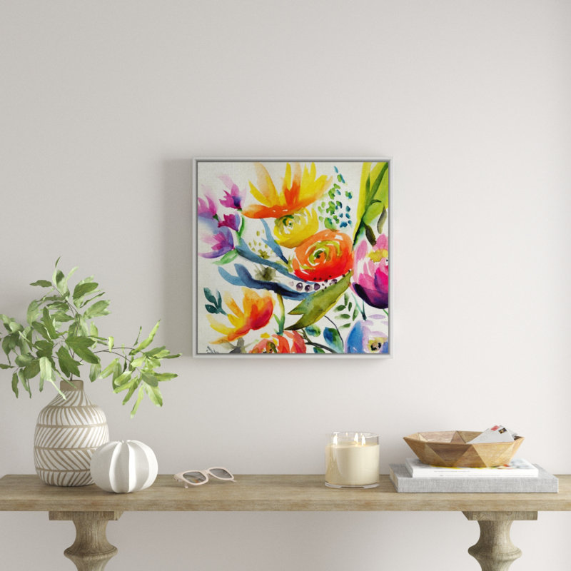 « summer spectrum iv », peinture sur toile, H 31,7 po x l 31,7 po x P 1,75 po, Cadre flottant blanc