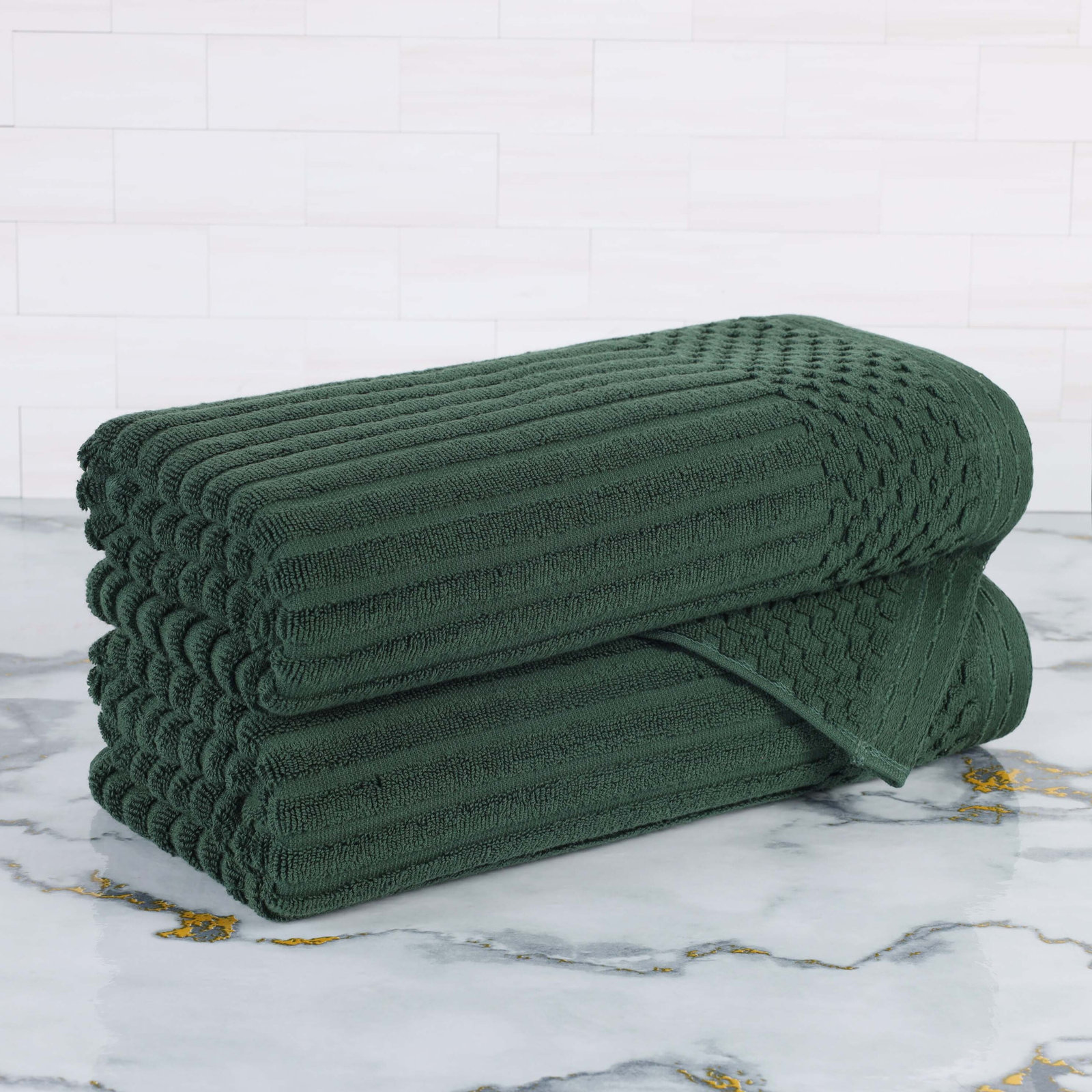 Ruvins Cotton Highly Absorbent 8-Piece Solid and Checkered Border Towel Set, Bath Towel 2-Pack, Forest Green