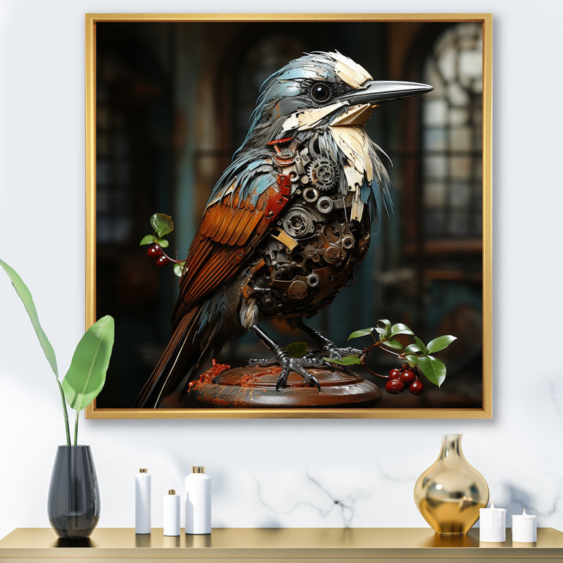 «Brown Steampunk Bird I», art mural oiseau, Cadre flottant doré, H 30 po x l 30 po x P 1,5 po