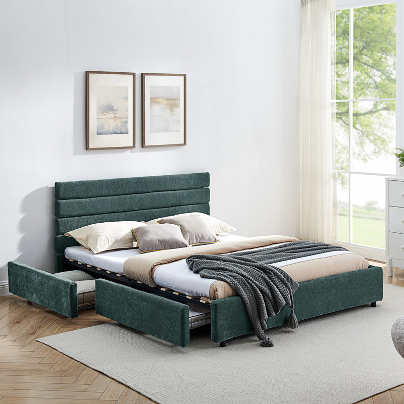 Grand lit coussiné, cadre de lit rembourré confortable, Bleu / Vert