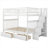 White-toned solid pine full over full bunk bed frame with built-in storage for multi-sleeper shared bedrooms