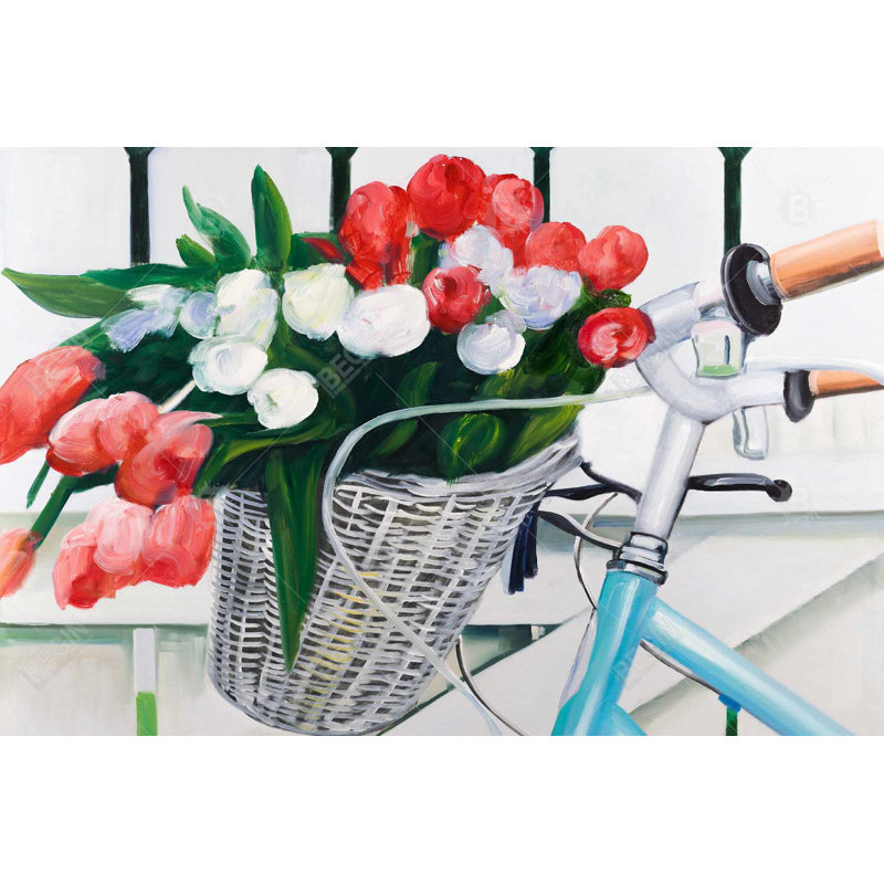 "Vélo avec tulipes fleurs dans un panier" sur toile