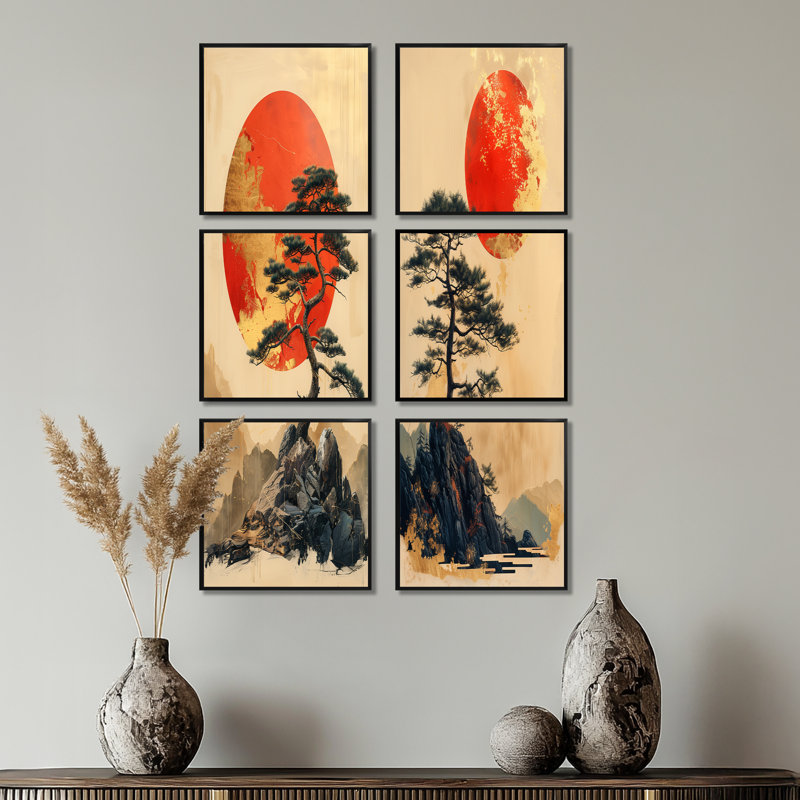 Ensemble de 6 décorations murales dorées orangées au coucher du soleil au Japon, Noir, Impression encadrée sans passe-partout