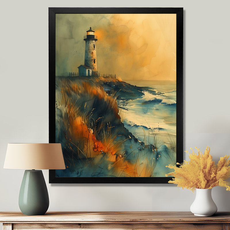 Gris, gris, orageux, falaise, été, phare II, art mural phares, H 12 po x l 20 po, Cadre simple noir