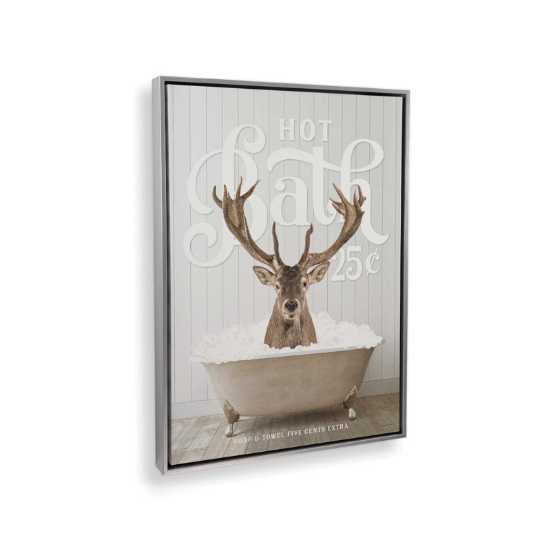 «Deer Hot Bath» par lettrage et doublure, L 24 po x H 32 po, Toile avec cadre, Argent