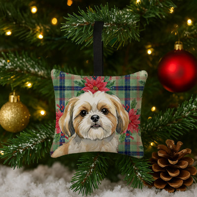 Ornement suspendu en tissu doré et blanc Shih Tzu Poinsettias 3,5 x 3,5