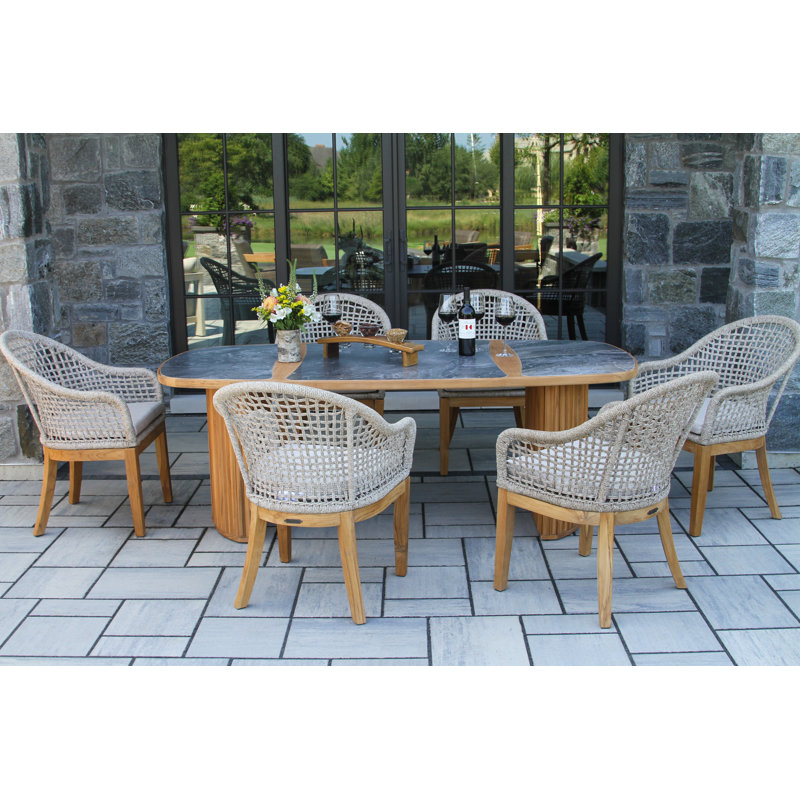 Cava 7 Pc. Teak & Nautical Rope Oval Dining Set With Orobico Stone Top, Gray