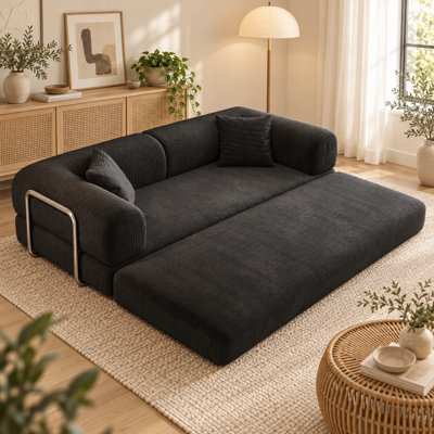 Canapé-lit convertible de 200 cm (78,8 po) avec compression, sectionnel modulaire sans armature, dossier et accoudoirs rembourrés, canapé-lit confortable en tissu velours côtelé pour salon ou chambre, noir.