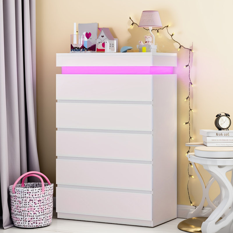 Tall 5 Drawer Dresser With Led Light, White
