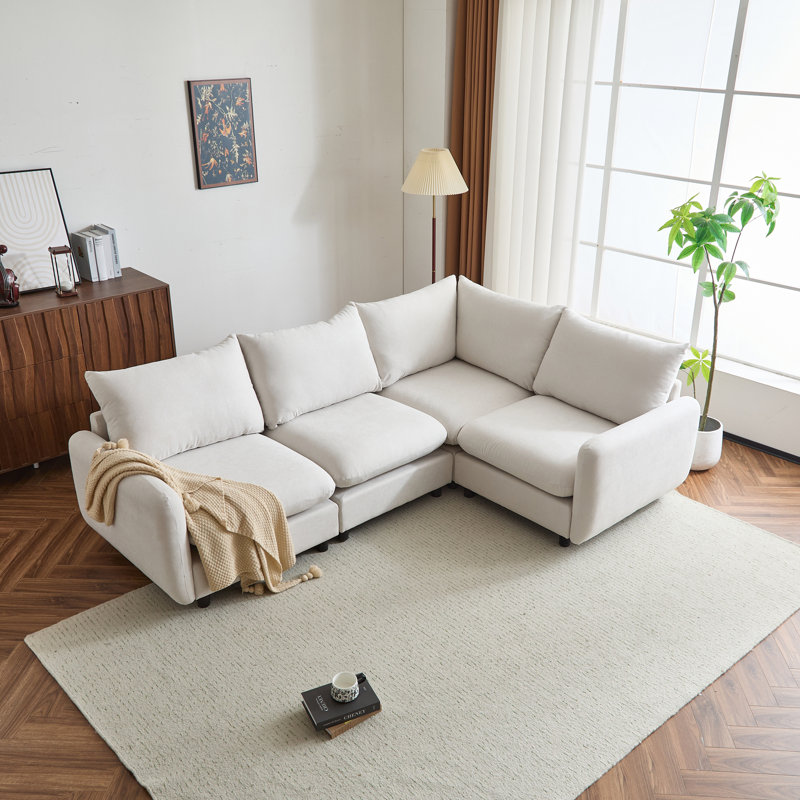 99 In. 4-Piece L Shaped Modular Free Combination Sectional Sofa Couch For Living Room And Spacious Space, White Fabric