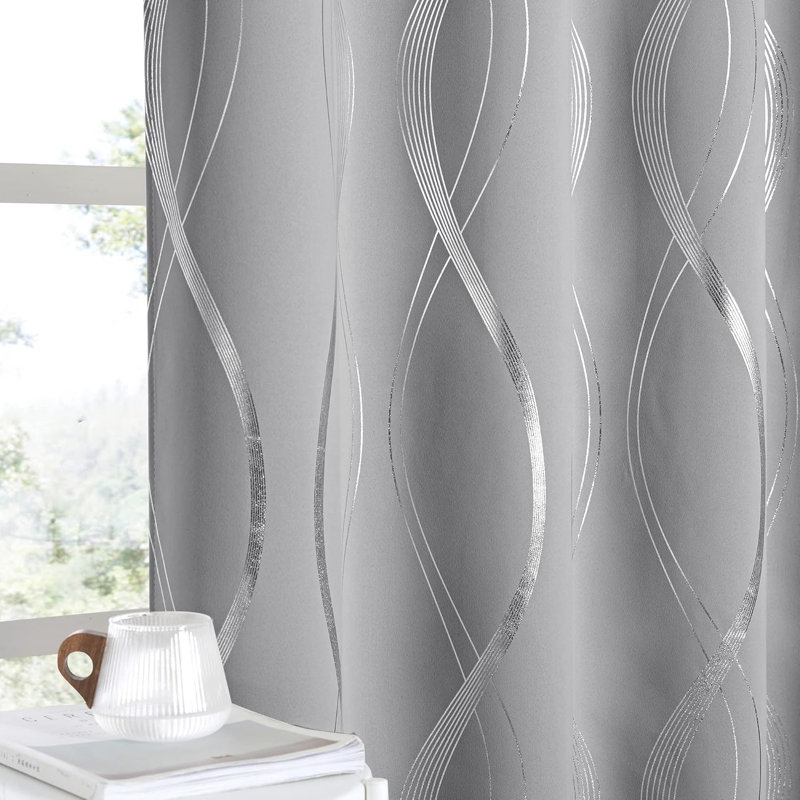 Blackout Curtains 63 inch Length 2 Panels, Silver Grey Window Treatment Thermal Insulated Soundproof Grommet Wave Line Foil Print Design Draperies for Living Room (52 inches Wide)