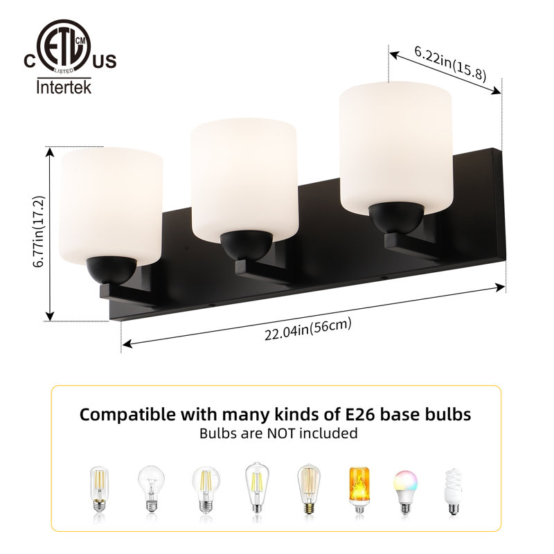 Luminaire de meuble-lavabo 3 lumières avec abat-jour en verre opale, Noir mat, 3