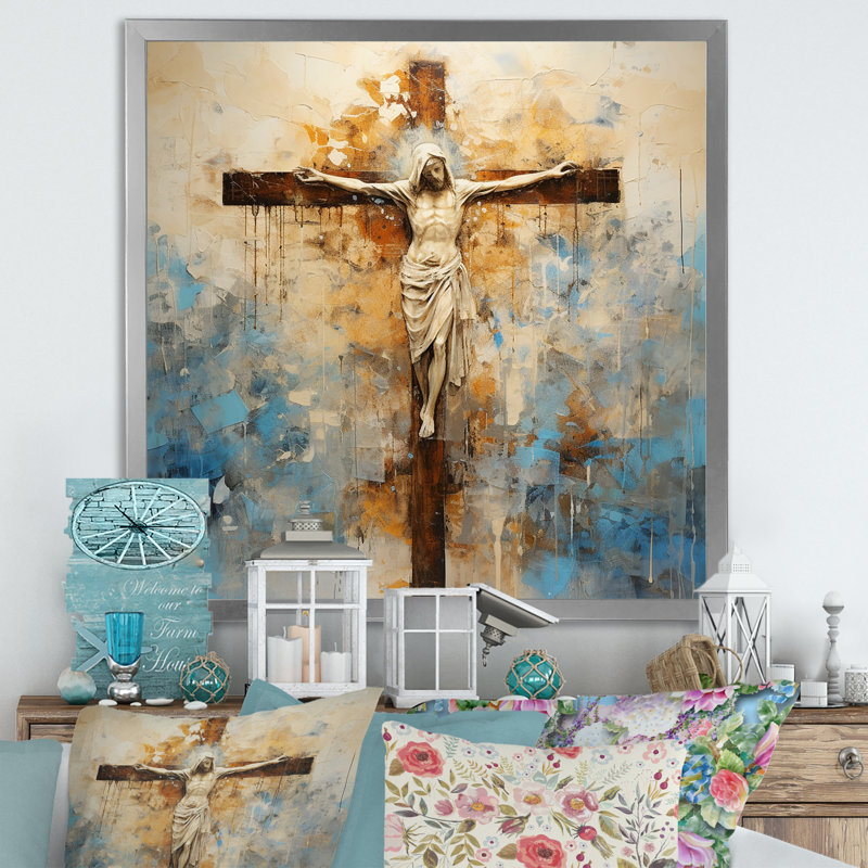 Minimalisme, croix religieuse de Jésus sur toile, Cadre simple argenté, H 36 po x l 36 po x P 1,5 po